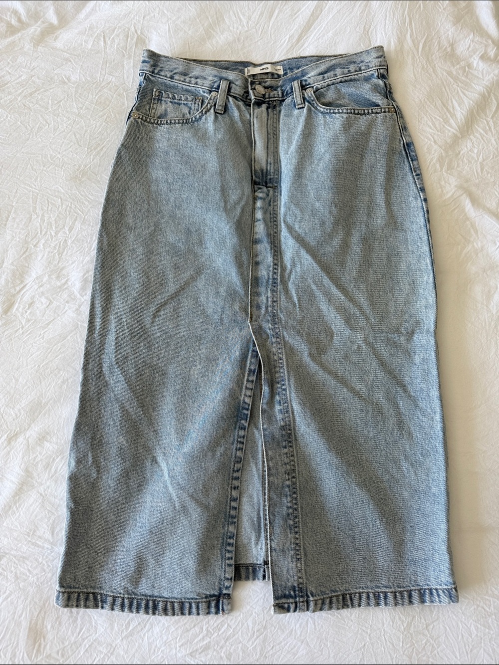 Mango Light Blue Denim Midi Skirt with Front Slit